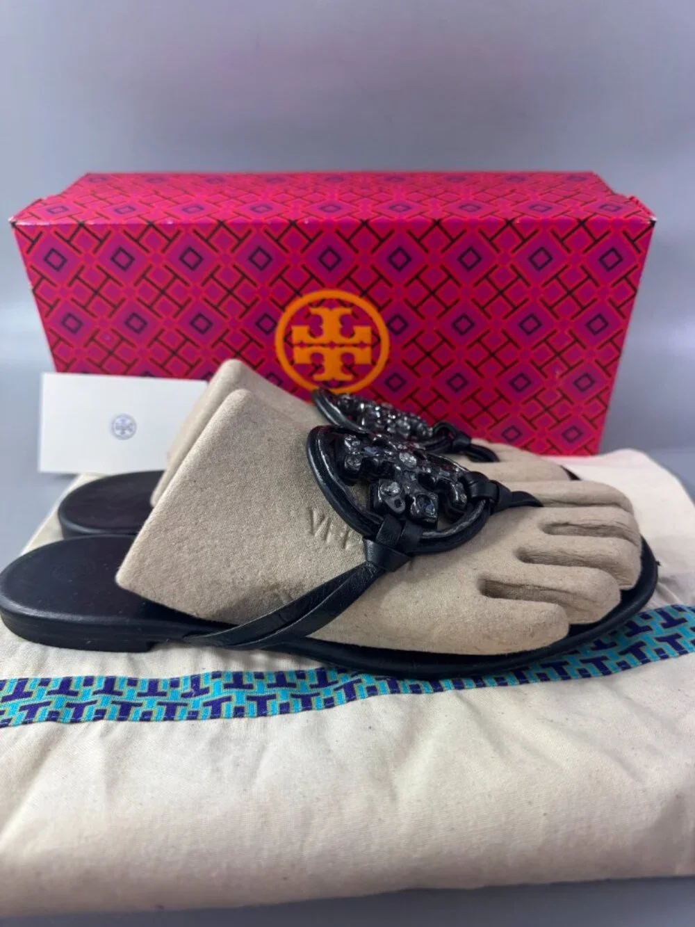 Tory Burch Embellished Crystal Miller Black Leather Sandal, Size 8